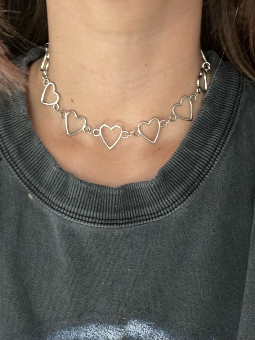 Silver Open Heart Link Choker Necklace - Silver